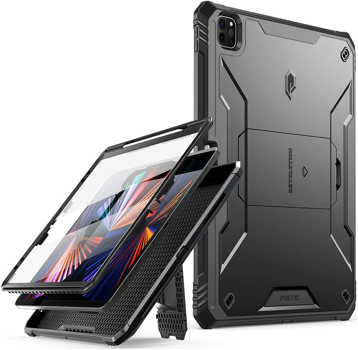 Poetic Revolution Case Designed for iPad Air 5 / iPad Air 4 10.9 inch,  Full-Body Rugged Shockproof Protective Cover with Kickstand and  Built-in-Screen Protector for iPad Air 5th / 4th Gen, Black 